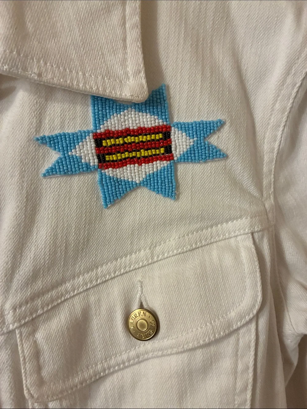 Ralph Lauren White Jean Jacket with Blue & Red Embroidered Stars - Picture 2 of 4